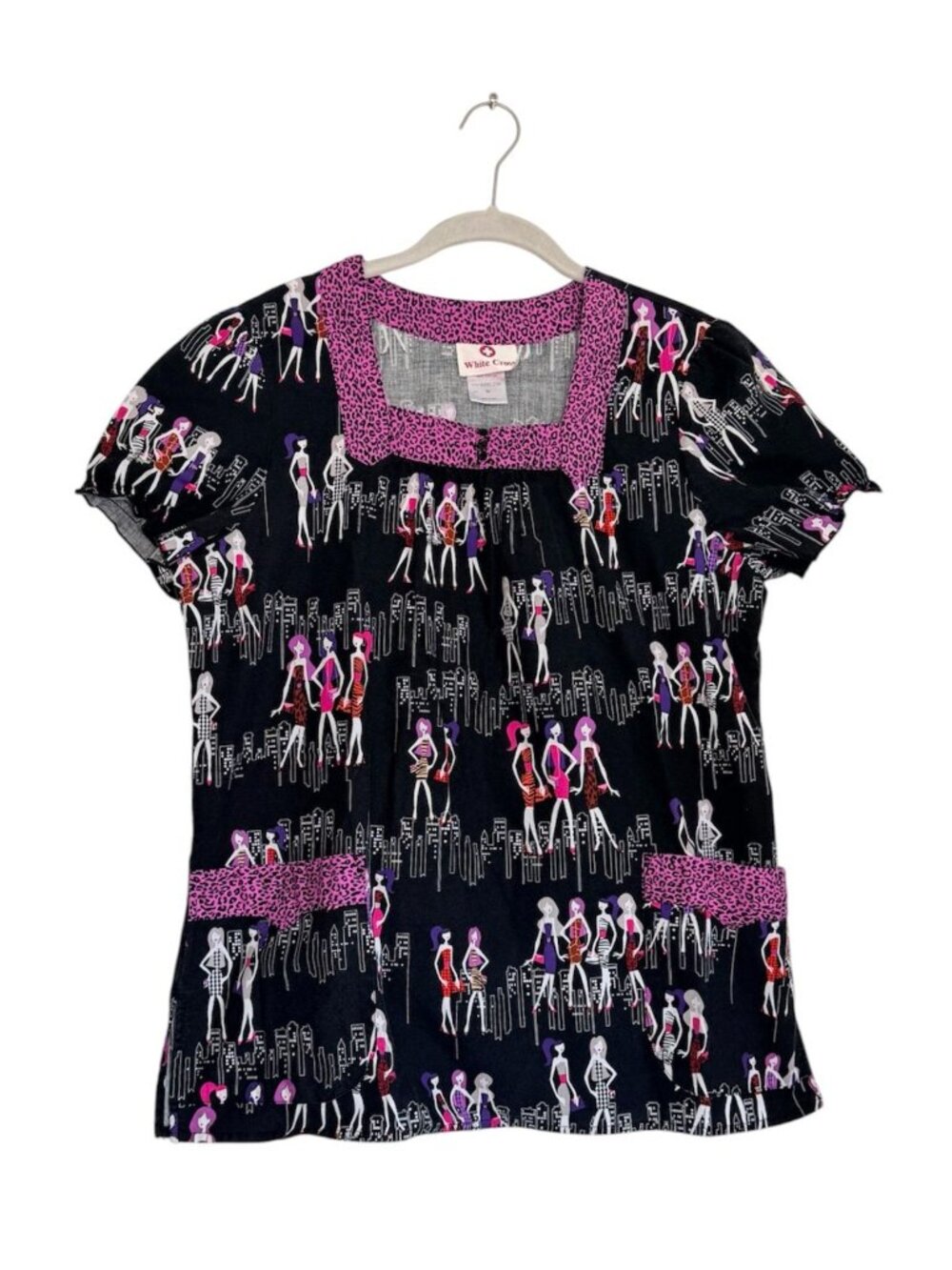 White Cross "Girls Night Out" City Silhouette Nursing Dental Scrub Top - Sz M